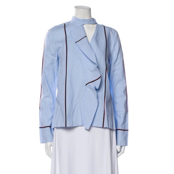 Derek Lam 10 Crosby Light Blue Striped Blouse Asymmetric Keyhole Ruffle Size 4 - Picture 1 of 11